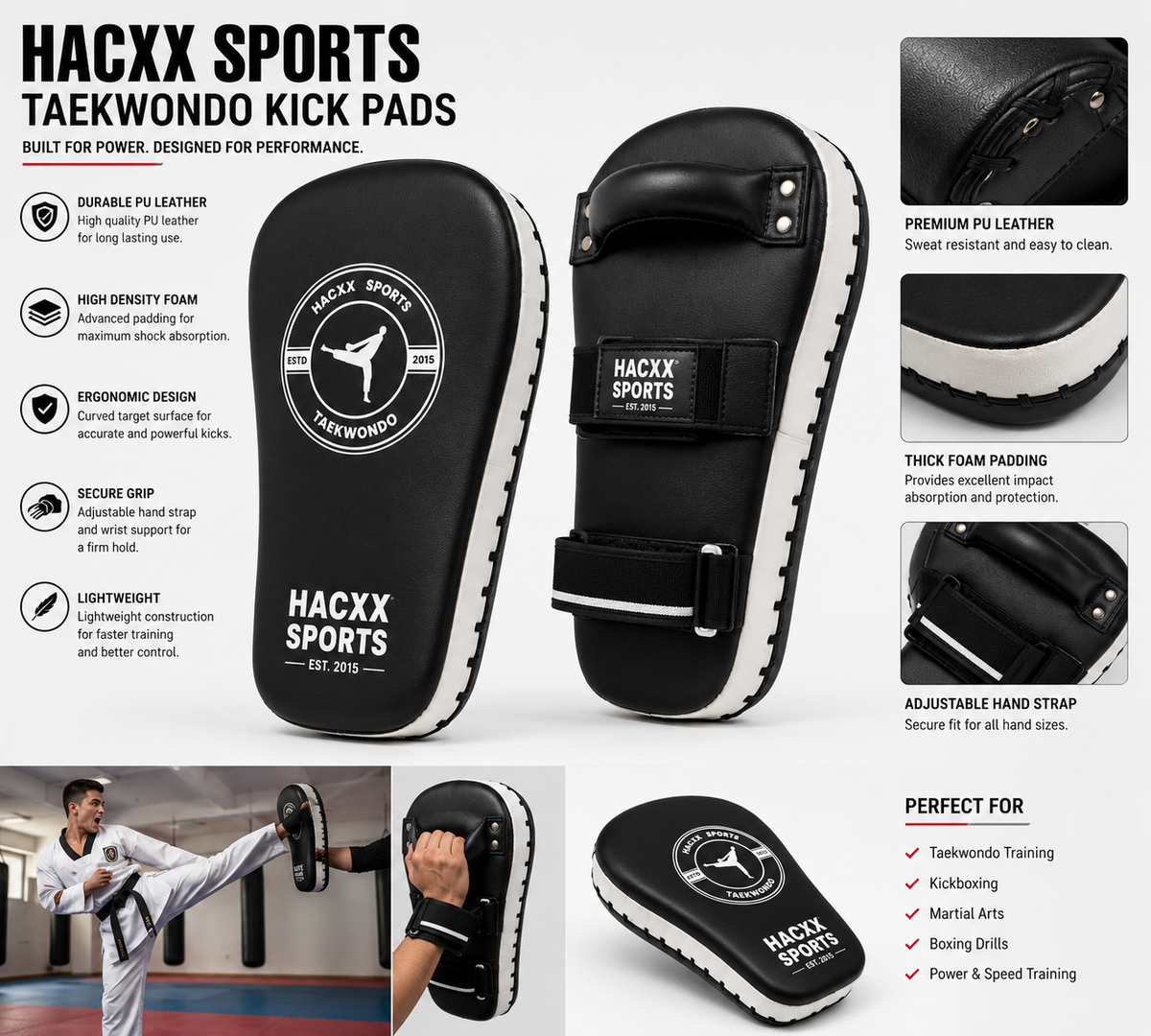 HACXX SPORTS Premium Taekwondo Kick Pads – Professional Martial Arts, Kickboxing & Training Target Pads